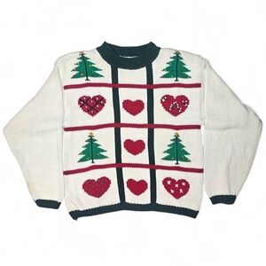 Vintage Retro Ugly Christmas Sweater M Cottagecore Holiday Hearts Cotton Cream